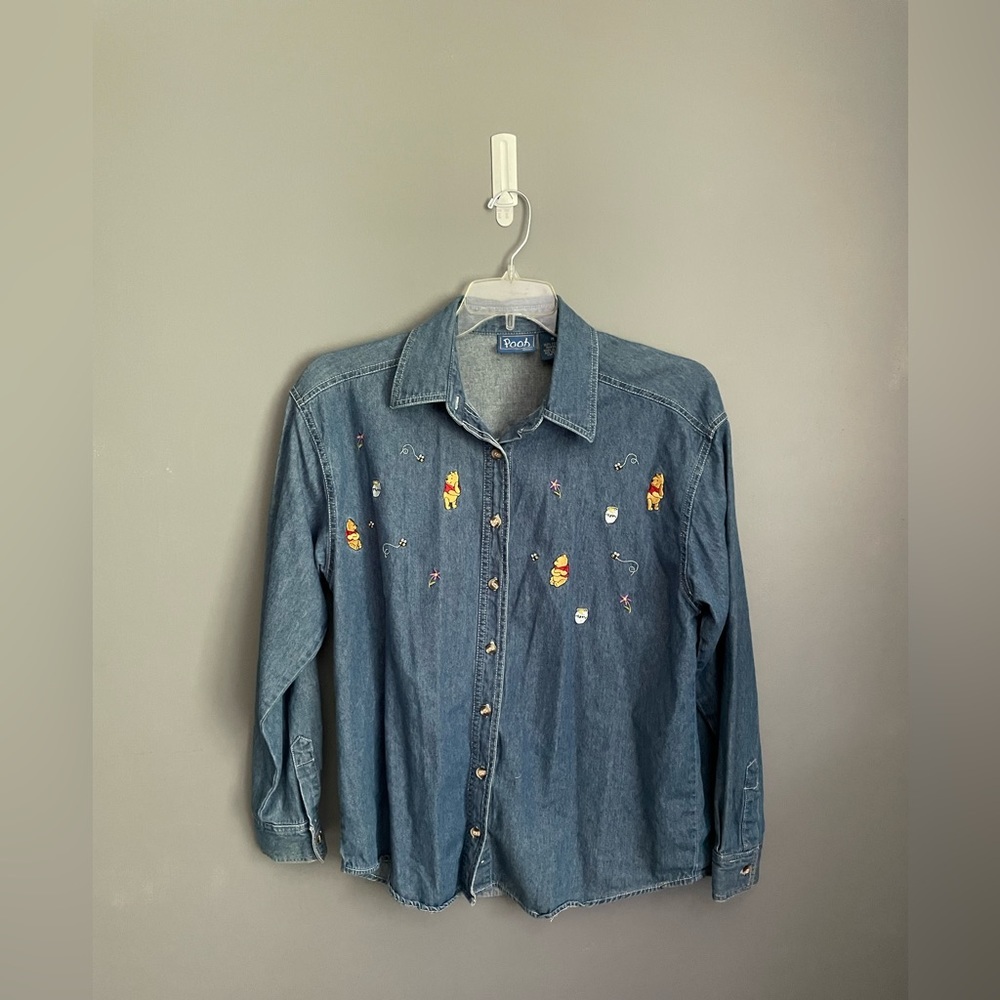 Vintage 90s Disney Pooh Bear Distressed Denim Jean Button Down Shirt Size Medium